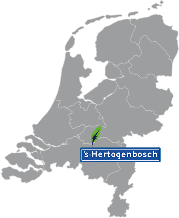 Grijze kaart van Nederland met ’s-Hertogenbosch aangegeven voor maatwerk taalcursus Duits zakelijk - blauw plaatsnaambord met witte letters en Dagnall veer - transparante achtergrond - 600 * 733 pixels